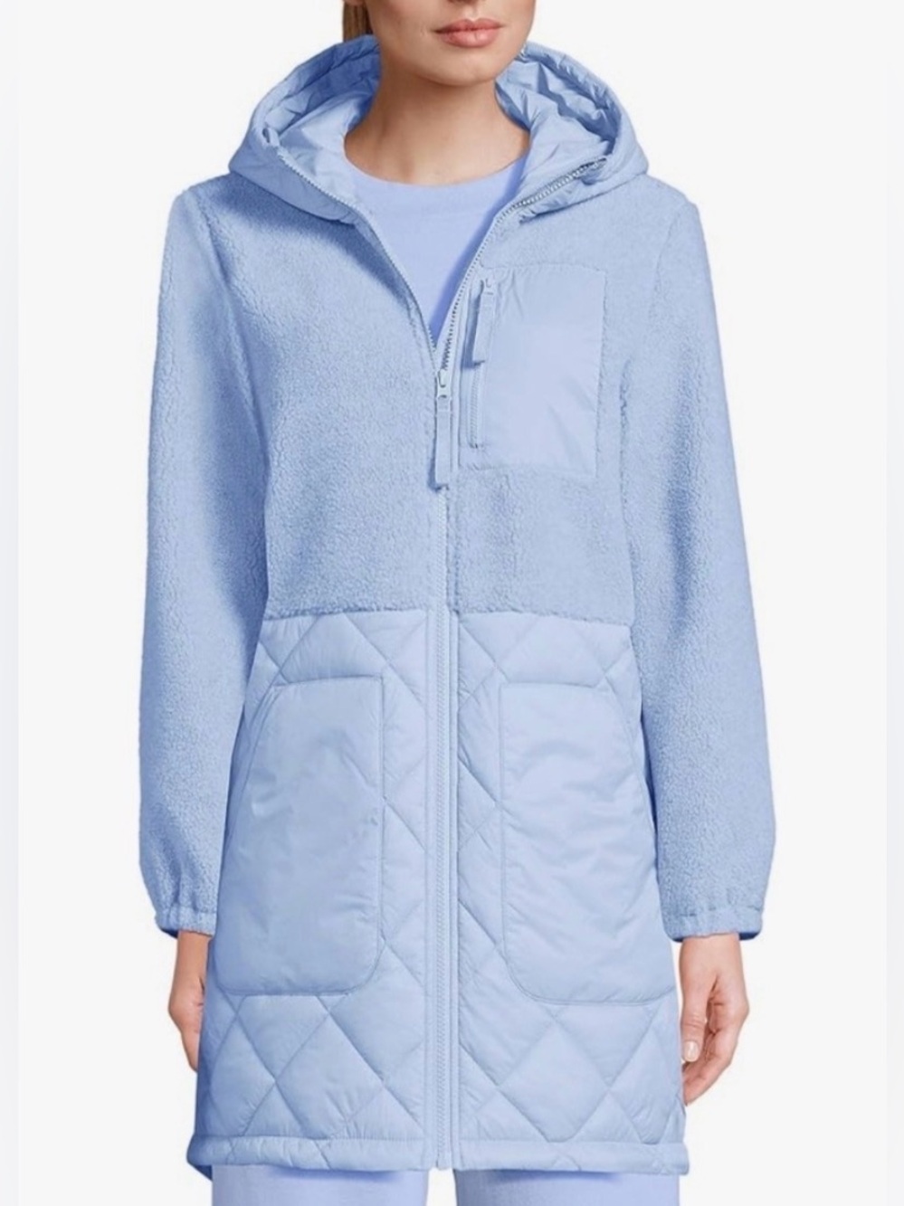 Lands' End High Pile Quilted Mixed Media Parka Full Zip Hooded M/P 10-12 Blue